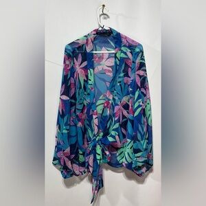 COLLEEN LOPEZ Floral Sheer Tie-Front Blouse Size XL- Blue and Pink